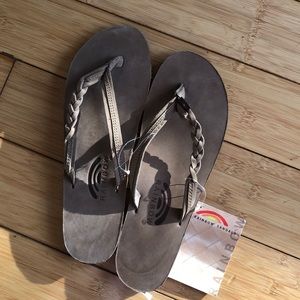 Dark brown braided rainbow flip flops